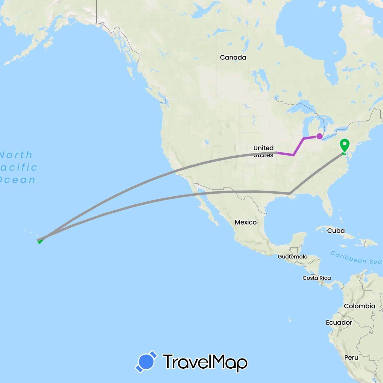 TravelMap itinerary: driving, bus, plane, train in United States (North America)